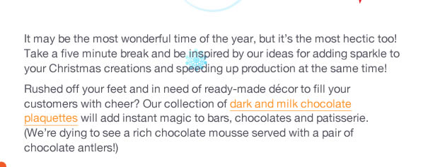 It may be the most wonderful time of the year, but it’s the most hectic too! Take a five minute break and be inspired by our ideas for adding sparkle to your Christmas creations and speeding up production at the same time! Rushed off your feet and in need of ready-made décor to fill your customers with cheer? Our collection of dark and milk chocolate plaquettes  will add instant magic to bars, chocolates and patisserie. (We’re dying to see a rich chocolate mousse served with a pair of chocolate antlers!)